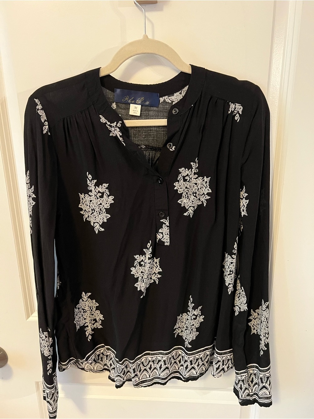 Blue Rain Black and White Embroidered-Print Long Sleeve Blouse